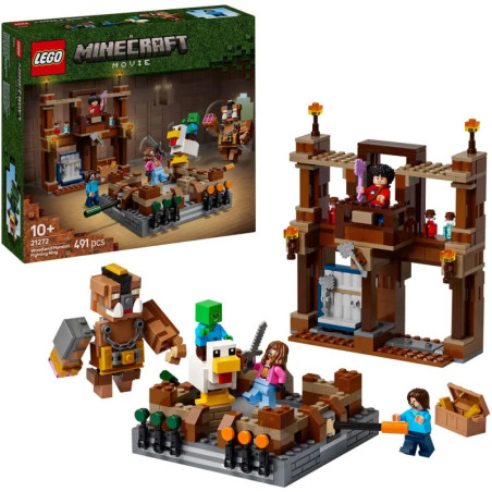 LEGO Minecraft Set mit Minifiguren, Roboter, Tieren und brauner Struktur, abgebildet mit Verpackung.