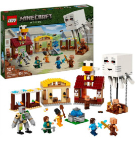 LEGO Minecraft Set mit Gebäuden, Figuren, Ghast, Eisengolem und Dorfbewohnern, abgebildet mit Box und Teilen.