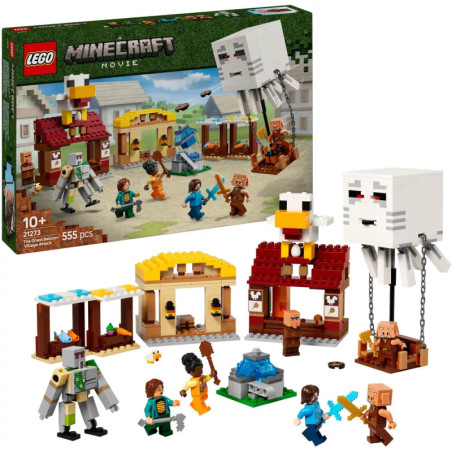 LEGO Minecraft Set mit Gebäuden, Figuren, Ghast, Eisengolem und Dorfbewohnern, abgebildet mit Box und Teilen.