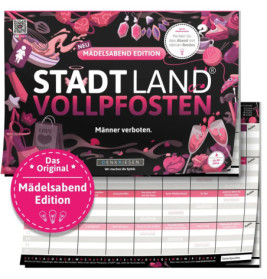 Stadt Land Vollpfosten: Mädelsabend Edition, rosa-schwarz gestaltet, mit Spielblättern auf dem Tisch.