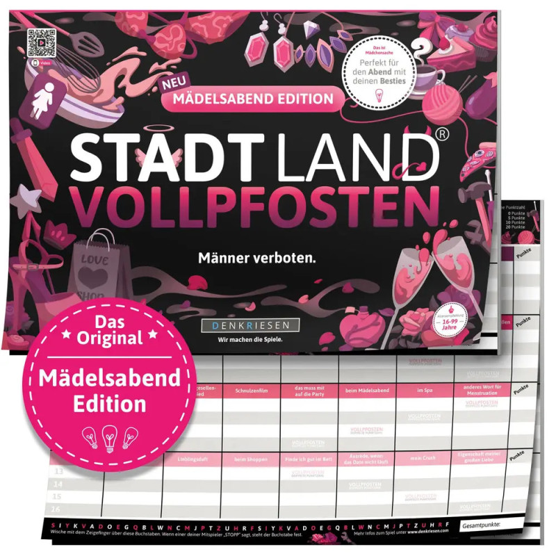 Stadt Land Vollpfosten: Mädelsabend Edition, rosa-schwarz gestaltet, mit Spielblättern auf dem Tisch.