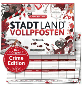 Spielbox Stadt Land Vollpfosten Crime Edition mit Spielblättern und Illustrationen zum Thema Kriminalität.