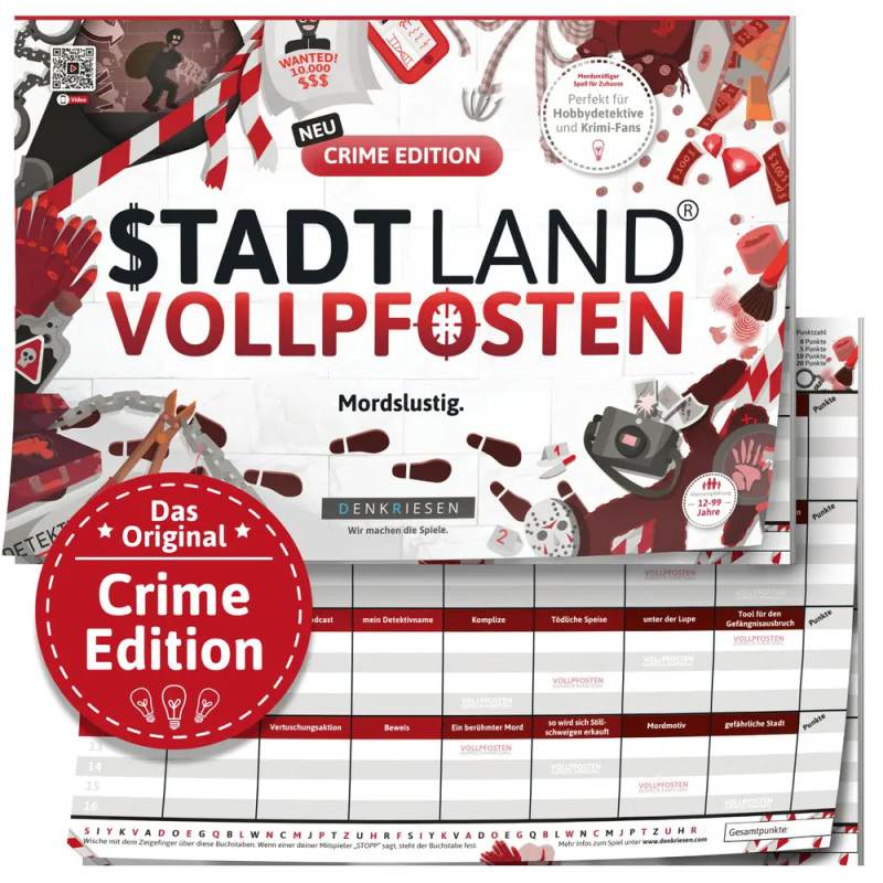 Spielbox Stadt Land Vollpfosten Crime Edition mit Spielblättern und Illustrationen zum Thema Kriminalität.