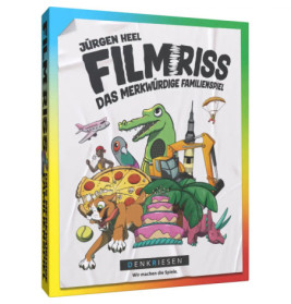 Bunte Spieleschachtel mit Tieren, Pizza und kuriosen Objekten Titel: FILMRISS - Das merkwürdige Familienspiel.