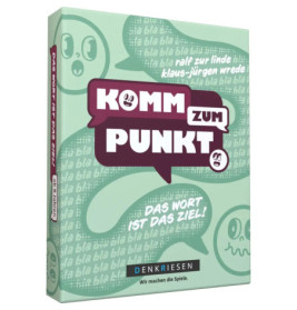Komm zum Punkt Spieleschachtel mit Sprechblasen und Cartoon-Gesichtern auf türkisfarbenem Hintergrund.