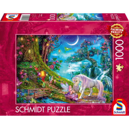 1000-teiliges Puzzle mit Motiv einer Fee und eines Einhorns in einem magisch beleuchteten Wald bei Nacht.