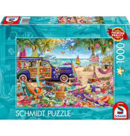 Puzzlebox mit farbenfroher Strandszene: lila Auto, Schirme, Strandzubehör und Palmen am Meer.