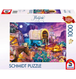 Bunte Puzzlebox mit westlichem Lager: Pferd, Wagen, Kakteen und Musikinstrumente im verspielten Design.