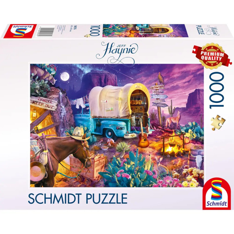 Bunte Puzzlebox mit westlichem Lager: Pferd, Wagen, Kakteen und Musikinstrumente im verspielten Design.
