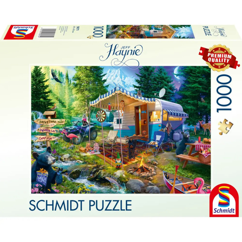 Bunte Puzzlebox mit fantasievoller Campingszene: Wohnwagen, Bär, Tiere und Berge.