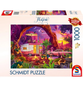Schmidt Puzzle mit 1000 Teilen: Retro-Wohnwagen in farbenfroher Wüstenlandschaft mit Pflanzen und Tieren.