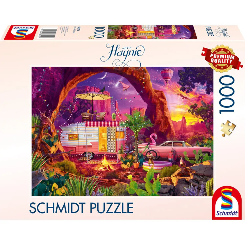Schmidt Puzzle mit 1000 Teilen: Retro-Wohnwagen in farbenfroher Wüstenlandschaft mit Pflanzen und Tieren.