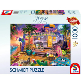 Schmidt Puzzle mit 1000 Teilen zeigt eine lebendige Küstenszene mit Camper, tropischen und fantastischen Elementen.