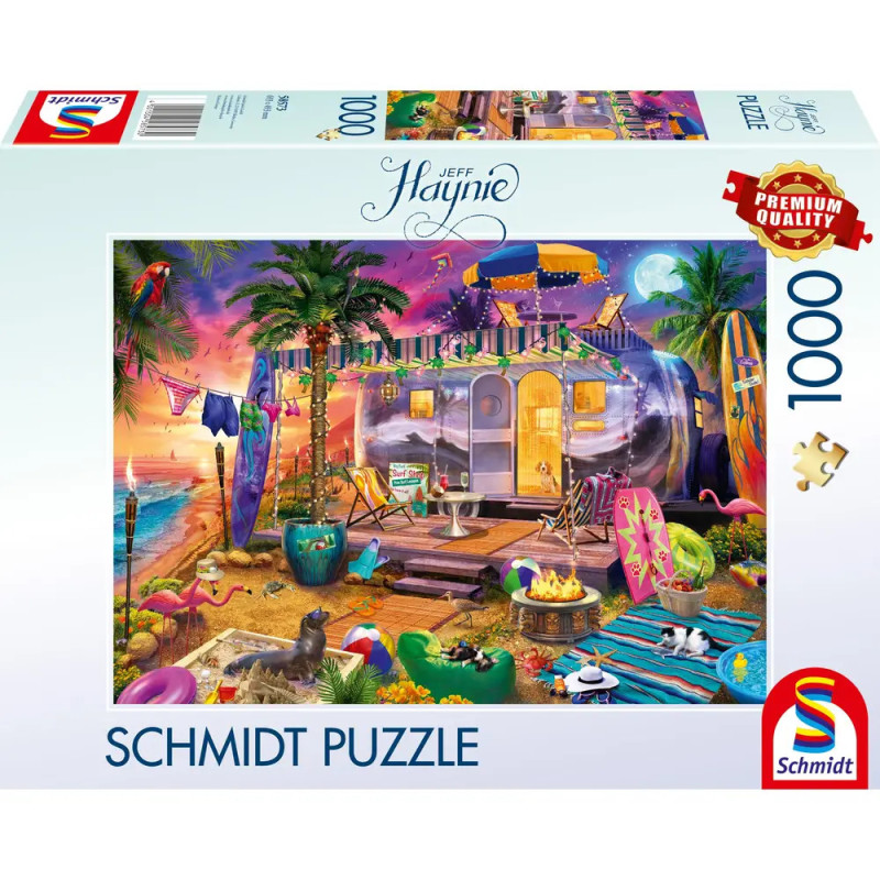 Schmidt Puzzle mit 1000 Teilen zeigt eine lebendige Küstenszene mit Camper, tropischen und fantastischen Elementen.