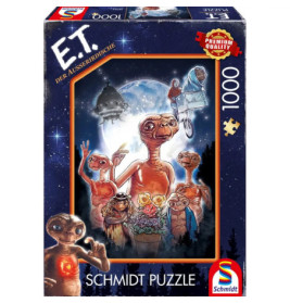 Schmidt Puzzle mit 1000 Teilen: E.T. und Freunde vor mondheller Nachtskyline auf der Verpackung.