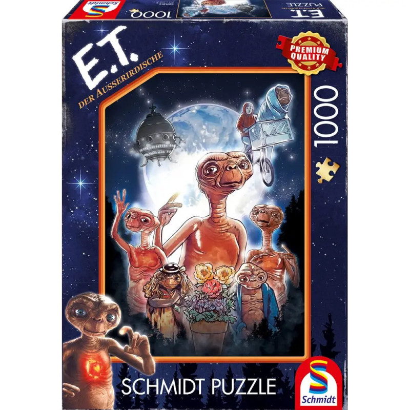 Schmidt Puzzle mit 1000 Teilen: E.T. und Freunde vor mondheller Nachtskyline auf der Verpackung.