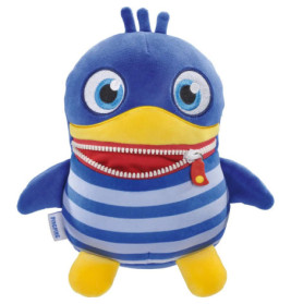 Blauer Plüschpinguin mit großen Augen, gestreiftem Körper, gelbem Schnabel und rotem Reißverschlussmund.