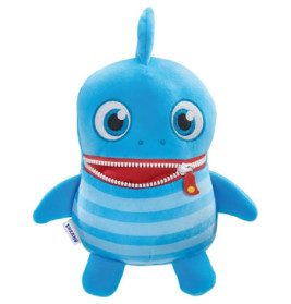 Blaues Plüschtier mit großen Augen, Reißverschlussmund und hellblauen Streifen am Bauch.