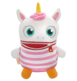 Plüsch-Einhorn mit großen Augen, pinken Streifen, orangefarbenen Füßen und einem Reißverschluss als Mund.