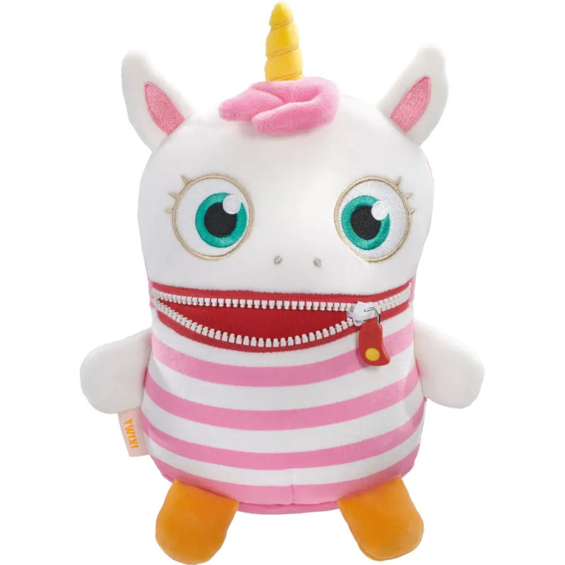 Plüsch-Einhorn mit großen Augen, pinken Streifen, orangefarbenen Füßen und einem Reißverschluss als Mund.