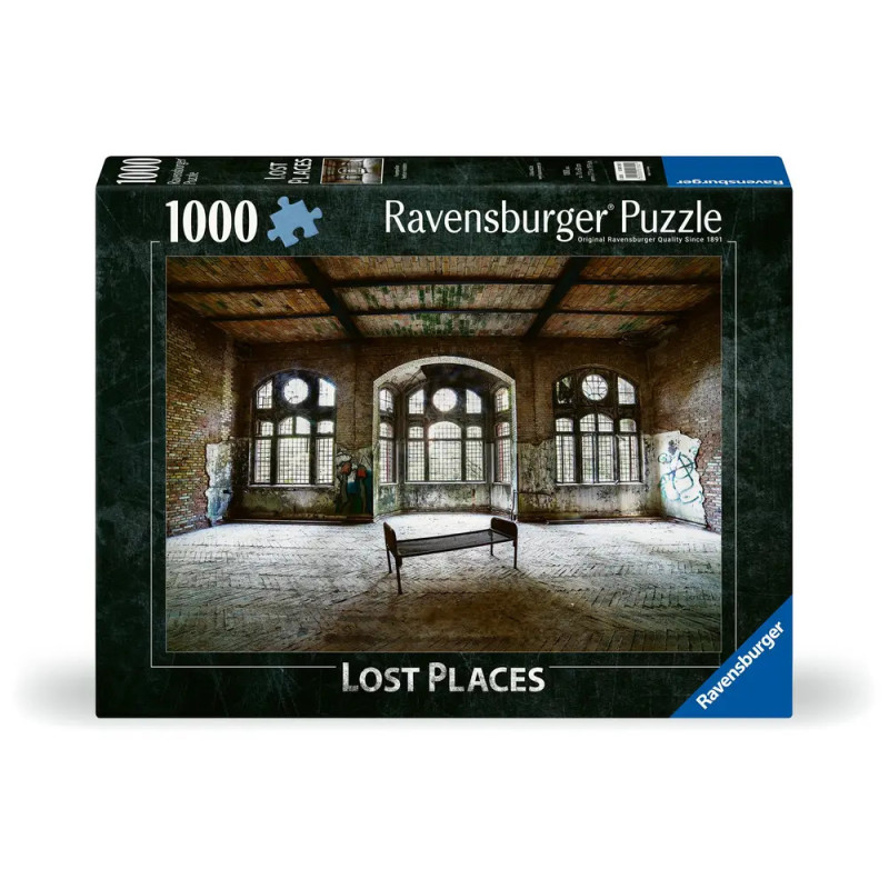 Ravensburger Puzzle mit 1000 Teilen: Verlasser, mit Graffiti bedeckter Raum und große Rundbogenfenster.