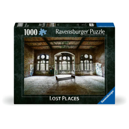Ravensburger Puzzle mit 1000 Teilen: Verlasser, mit Graffiti bedeckter Raum und große Rundbogenfenster.