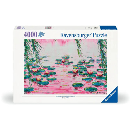 Ravensburger Puzzle, 4000 Teile, mit Gemälden von Seerosen auf rosa Teich und grünen Blättern.
