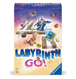 Bunte Labyrinth Go!-Spielbox mit einem Zauberer, fliegendem Buch und magischen Gegenständen.