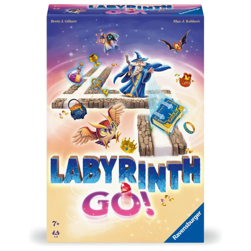 Bunte Labyrinth Go!-Spielbox mit einem Zauberer, fliegendem Buch und magischen Gegenständen.