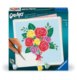 Malset-Box mit einer Hand, die auf weißer Leinwand ein buntes Rosenbouquet nach Zahlen ausmalt.