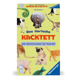 Box des Spiels Das tierische Kacktett mit Tierhinterteilen und Schwänzen auf grünem Hintergrund.
