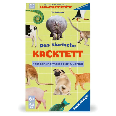 Box des Spiels Das tierische Kacktett mit Tierhinterteilen und Schwänzen auf grünem Hintergrund.