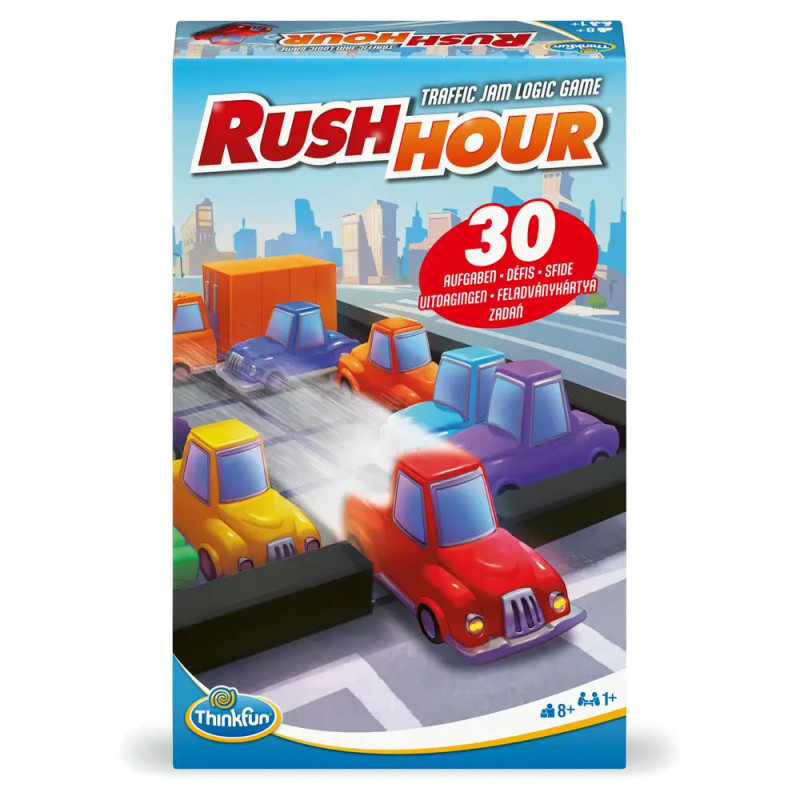 Rush Hour Stau-Logikspiel: Bunte Autos, Stadt-Hintergrund, geeignet ab 8 Jahren.