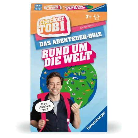 Checker Tobi Quizspiel-Box mit lächelndem Mann, der auf einem Globus zeigt, umgeben von bunten Reisegrafiken.