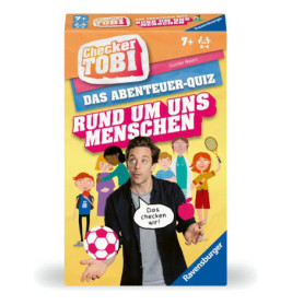 Quizspielbox Checker Tobi: Rund um uns Menschen mit illustrierten Kindern, Objekten und zentralem Mann.