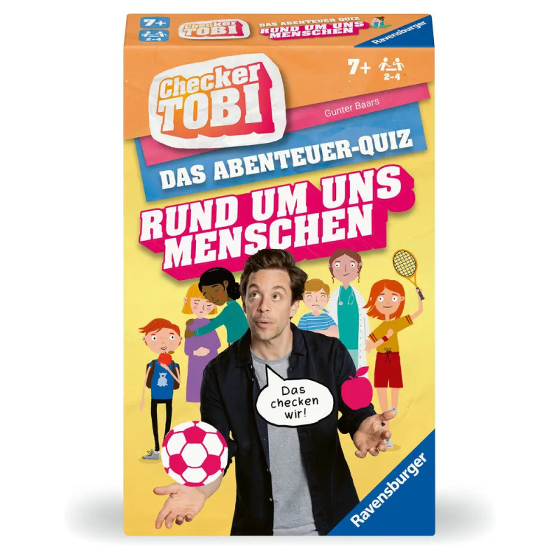Quizspielbox Checker Tobi: Rund um uns Menschen mit illustrierten Kindern, Objekten und zentralem Mann.