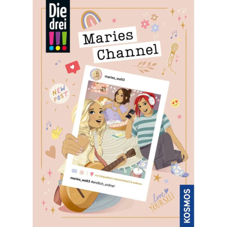 Drei Mädchen entspannen, eine spielt Gitarre, auf einem farbenfrohen Buchcover mit Social-Media-Motiven.