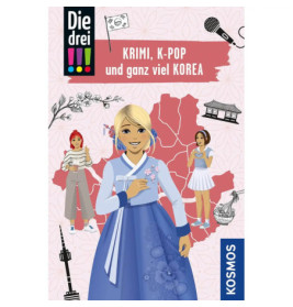 Drei Mädchen stehen vor einer pinken Korea-Karte, die mittlere trägt einen traditionellen Hanbok.