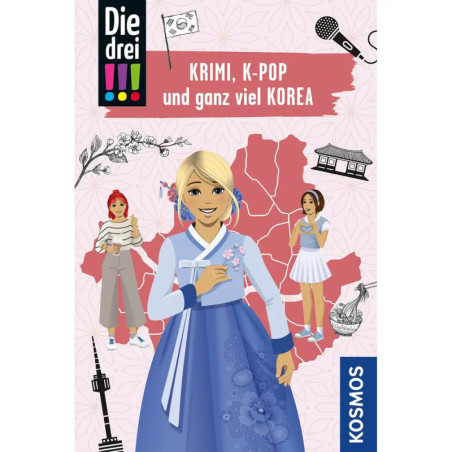 Drei Mädchen stehen vor einer pinken Korea-Karte, die mittlere trägt einen traditionellen Hanbok.