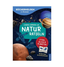 Buchcover mit Planeten, Asteroiden, Sternbildern und deutschem Text zu Naturrätseln für Zweitklässler.
