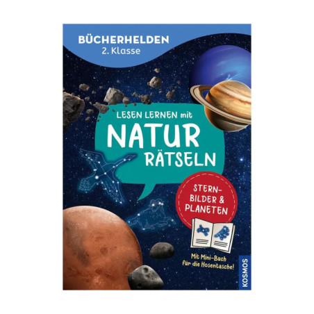 Buchcover mit Planeten, Asteroiden, Sternbildern und deutschem Text zu Naturrätseln für Zweitklässler.