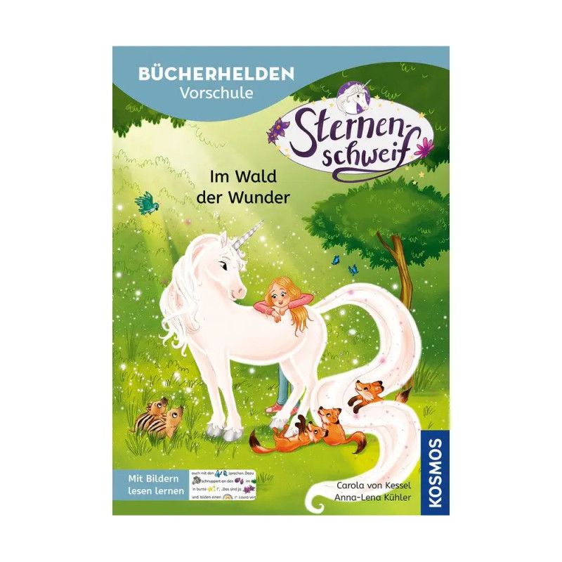 Ein Mädchen sitzt auf einem weißen Einhorn im Wald, umgeben von Tieren und magischem Funkeln.