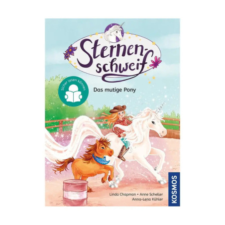 Kinderbuchcover: Ein Mädchen reitet auf einem weißen Einhorn und einem braunen Pony, Titel Sternenschweif. Kinderbuchcover: Ein Mädchen reitet auf einem weißen Einhorn und einem braunen Pony, Titel Sternenschweif.