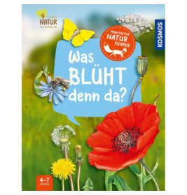 Kinderbuchcover mit Blumen, Schmetterling und dem deutschen Titel Was blüht denn da? auf blauem Hintergrund.