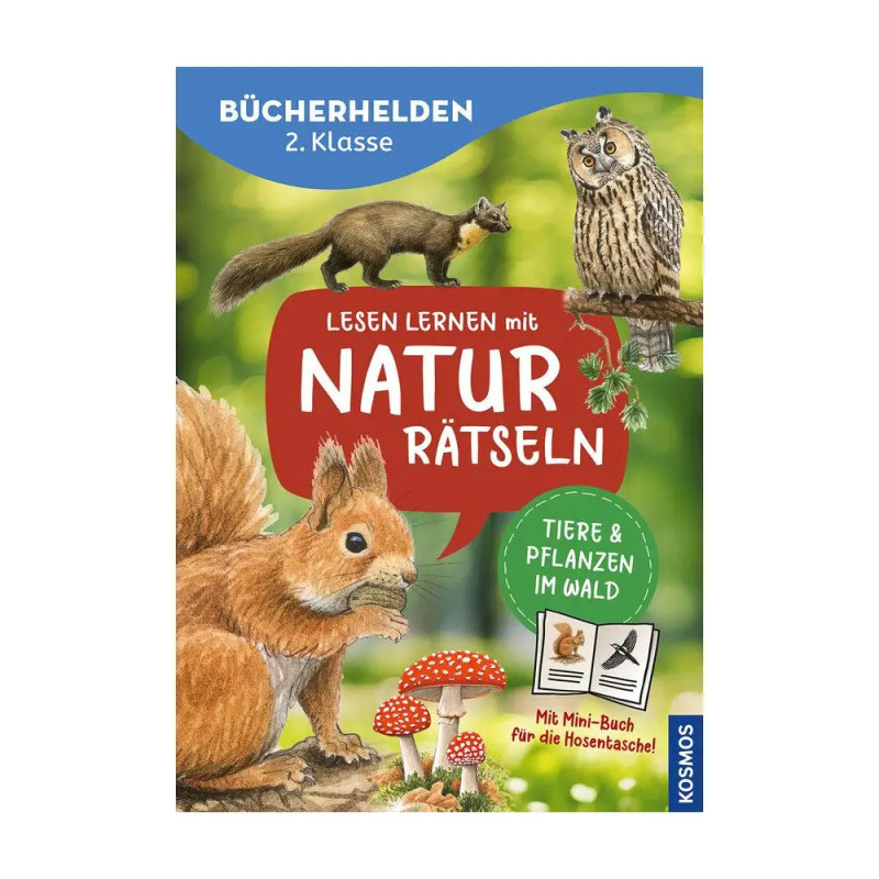 Kinderbuchcover mit gezeichnetem Eichhörnchen, Uhu und Baummarder im Wald, deutscher Natur-Text.