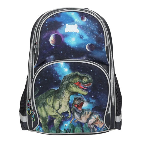 Schwarzer Rucksack mit Weltraummotiv, Planeten und zwei grünen Dinosauriern auf der Fronttasche.