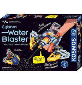 Box des Kosmos Cyborg Water Blaster Spielzeugkits mit Modell und Features vor dunklem Hintergrund.