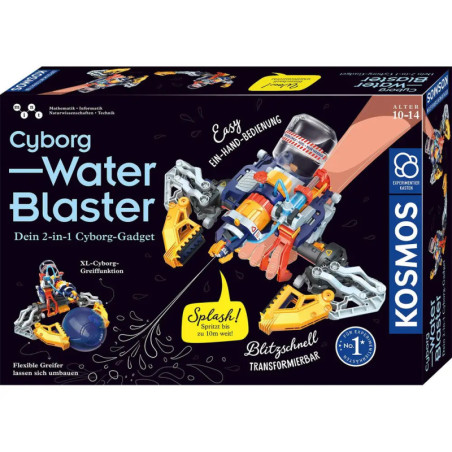 Box des Kosmos Cyborg Water Blaster Spielzeugkits mit Modell und Features vor dunklem Hintergrund.