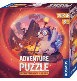 Ein Cartoon-Igel mit Brille und Stab sitzt im Vulkankrater Text: Abenteuer Puzzle.