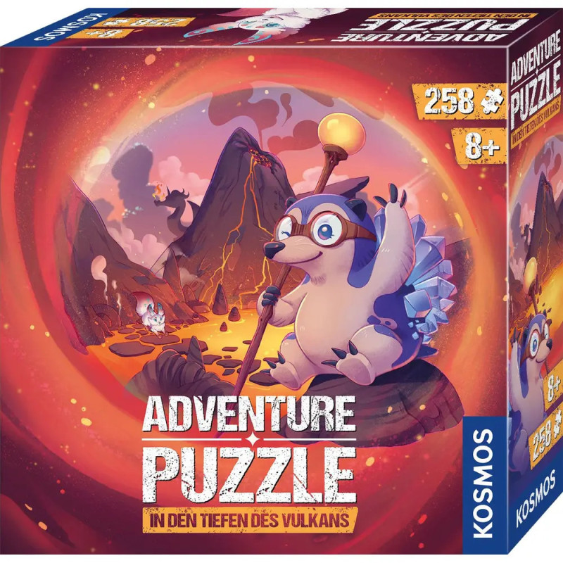 Ein Cartoon-Igel mit Brille und Stab sitzt im Vulkankrater Text: Abenteuer Puzzle. Ein Cartoon-Igel mit Brille und Stab sitzt im Vulkankrater Text: Abenteuer Puzzle.